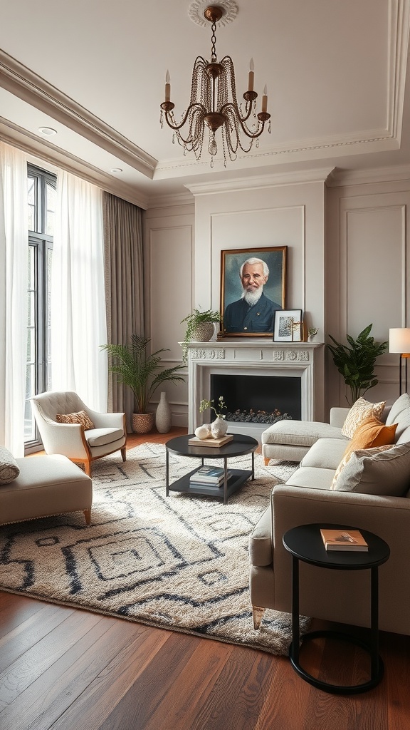 Elegant living room with a stylish area rug, soft furniture, and natural light