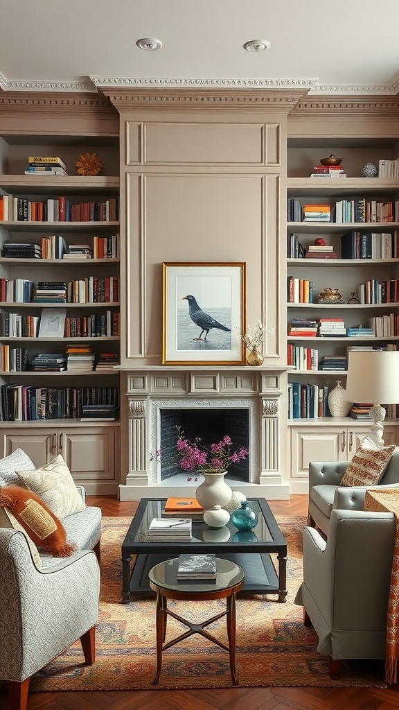 A stylish living room featuring floor-to-ceiling bookcases filled with books and decor, a cozy seating area, and a tasteful color palette.