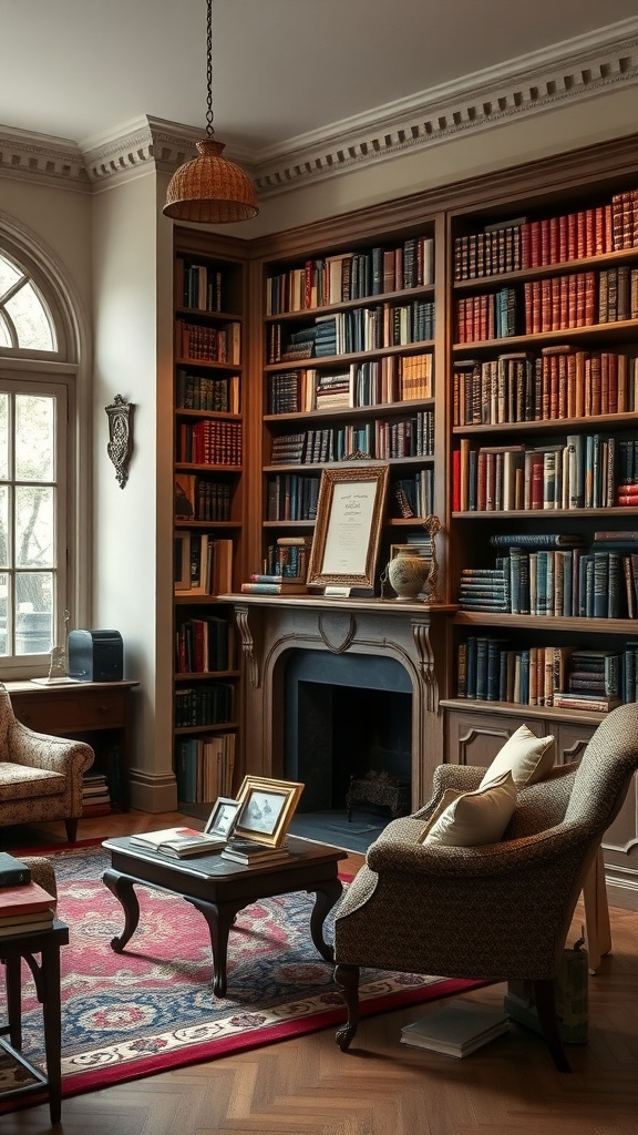 A cozy living room with elegant bookcases filled with books, a fireplace, and comfortable seating.