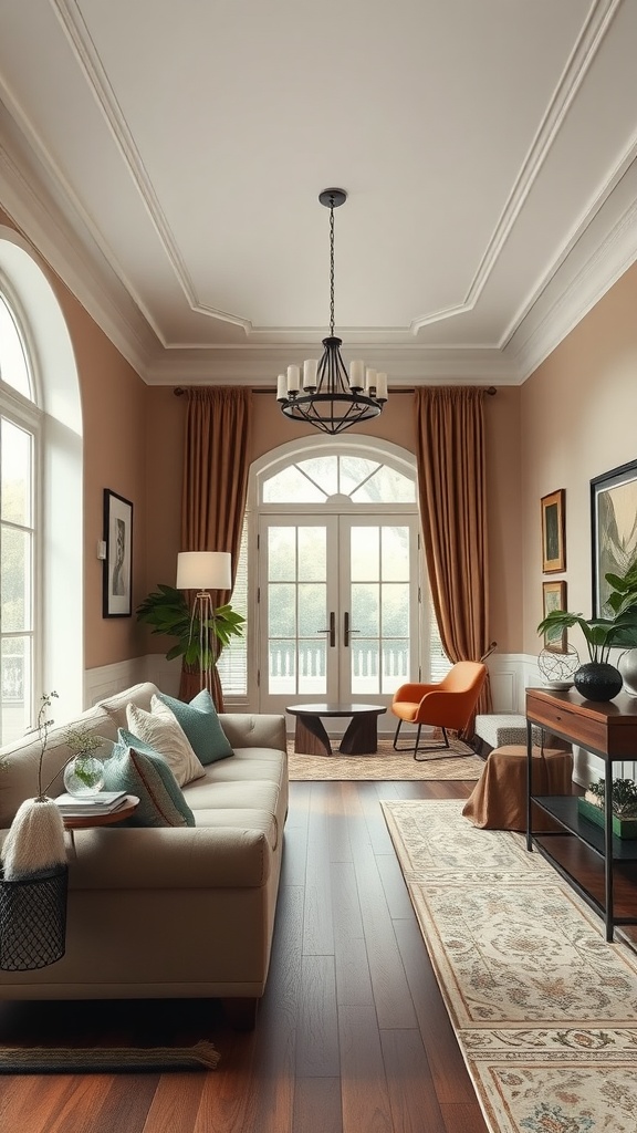 Elegant living room with large windows, soft furnishings, and stylish decor