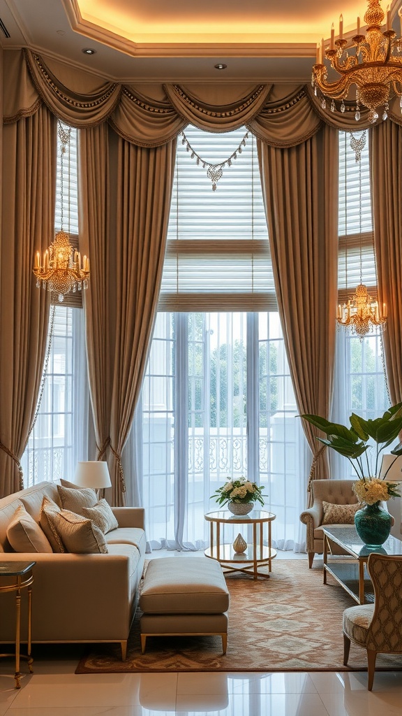 Elegant living room with luxurious window treatments and stylish decor