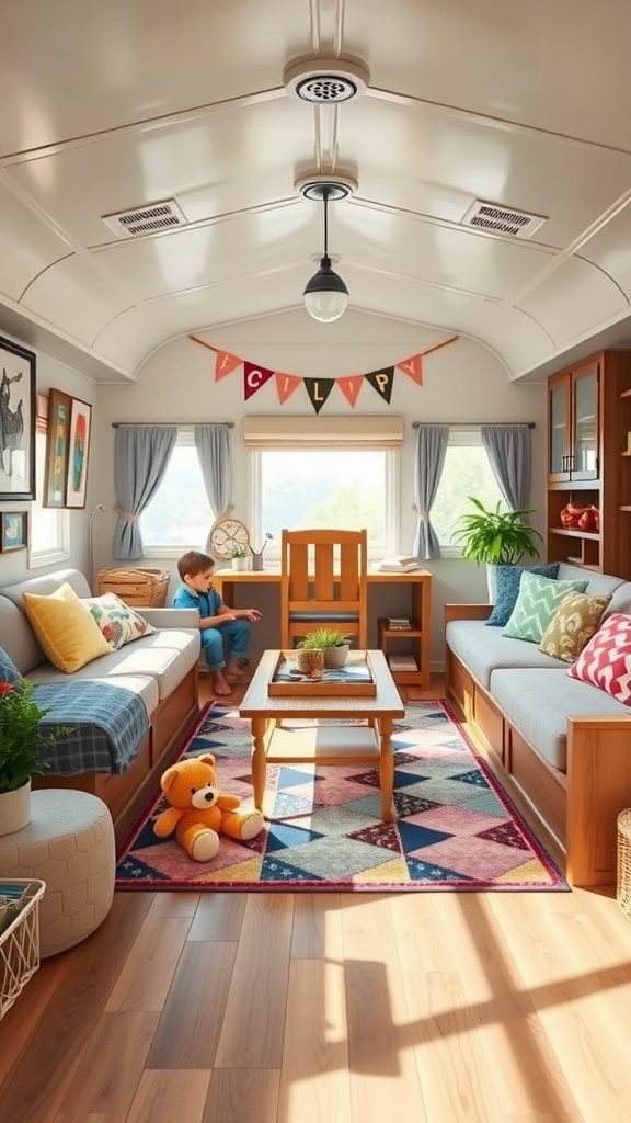 A cozy family-friendly living room in a trailer house with colorful decor, soft seating, and a child playing.