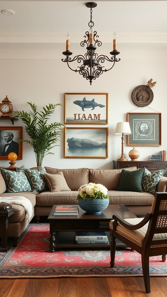 Cozy living room with family heirlooms displayed on walls, featuring a brown sofa, decorative pillows, a chandelier, and a potted plant.