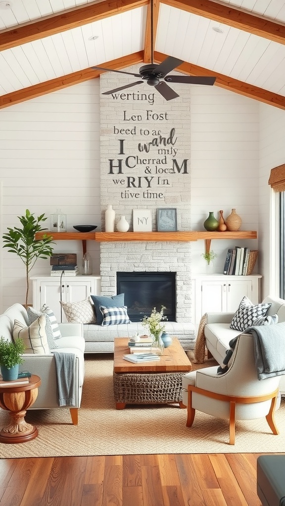 A cozy living room featuring farmhouse style with modern elements, including a stone fireplace, wooden accents, and comfortable seating.