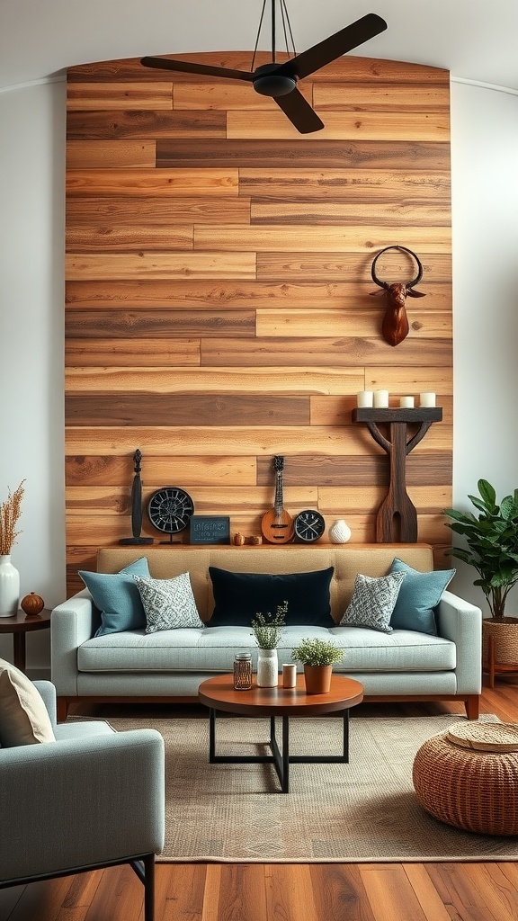 A rustic living room with a wooden feature wall, featuring a cozy sofa and decorative elements.