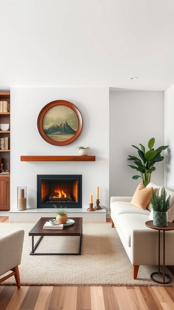 A cozy living room featuring a modern fireplace, wooden mantel, and comfortable seating arrangement.