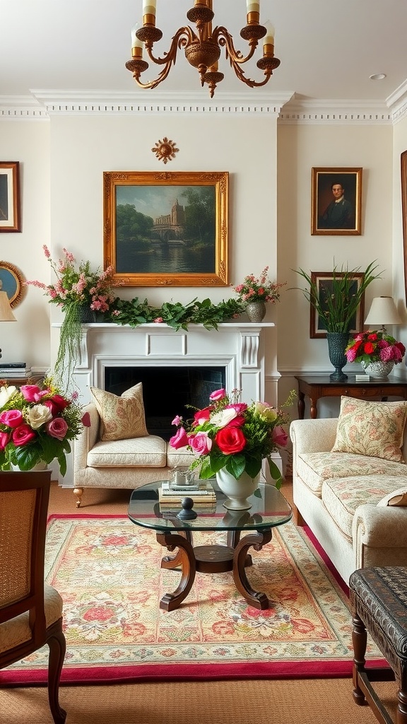 A beautifully arranged living room featuring floral centerpieces and elegant furnishings.