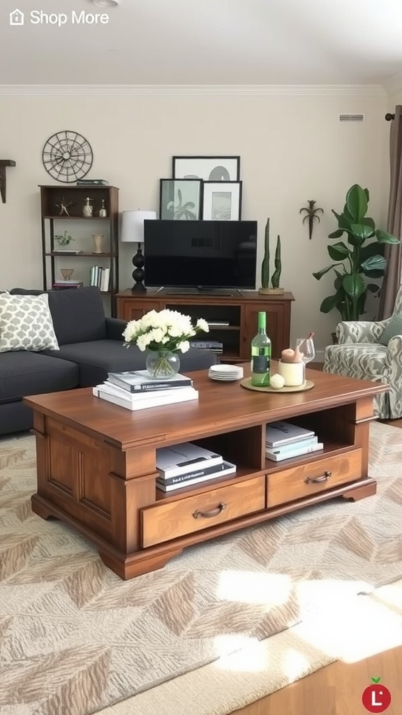 A functional wooden coffee table with storage in a cozy living room setting