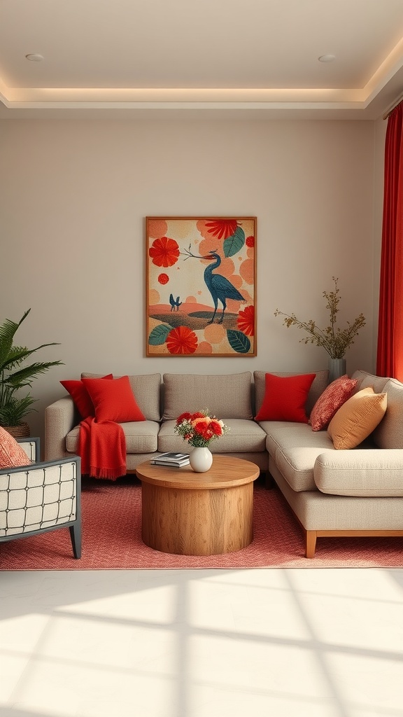 Cozy living room featuring ember red decor with sectional sofa, wooden coffee table, and floral artwork.