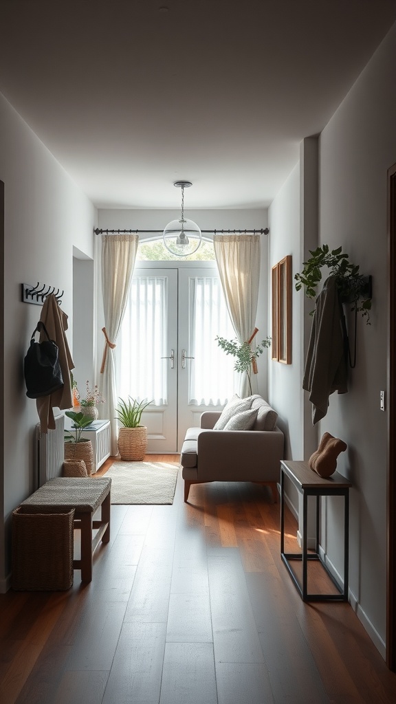 A bright and inviting entryway with a simple chair, small table, storage bench, and plants.