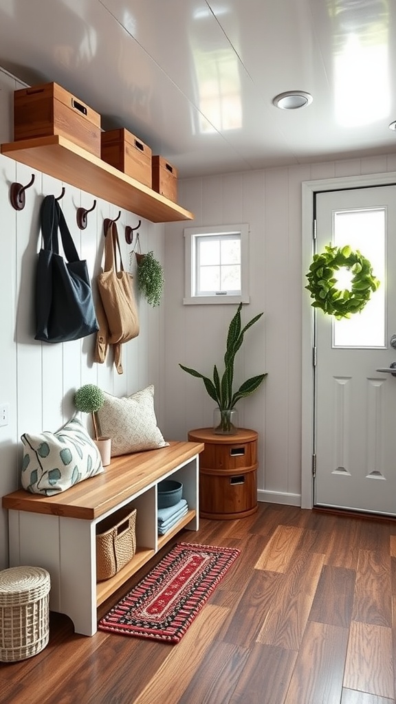 A cozy and organized entryway in a trailer house featuring a bench, storage, plants, and decorative elements.