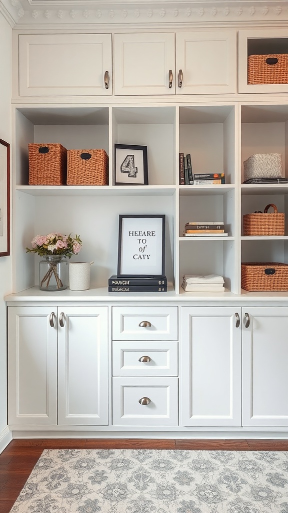 Stylish white shelving unit with baskets and decorative items