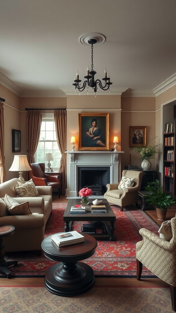 Elegant Old English living room with comfortable seating and a cozy ambiance.