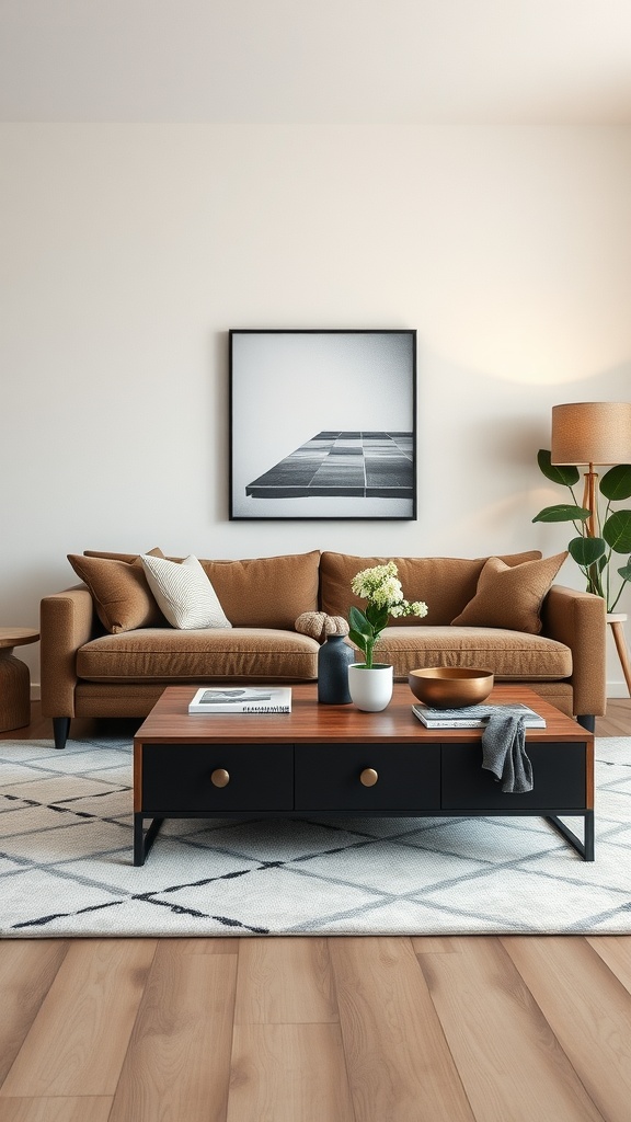 A stylish living room featuring a brown couch, a wooden coffee table with black drawers, decorative items, and a floor lamp.