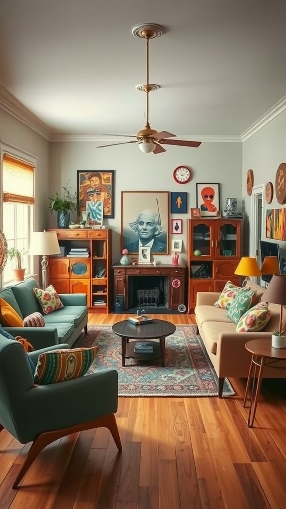 Cozy living room with vintage furniture and colorful artwork