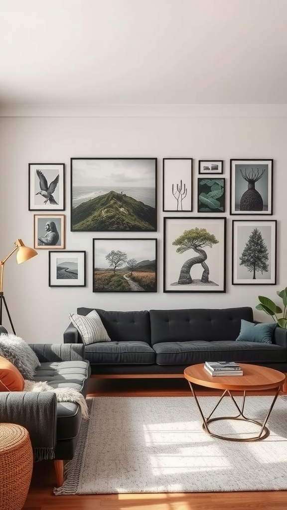 A cozy living room featuring a gallery wall with various nature prints, a dark sofa, and a wooden coffee table.