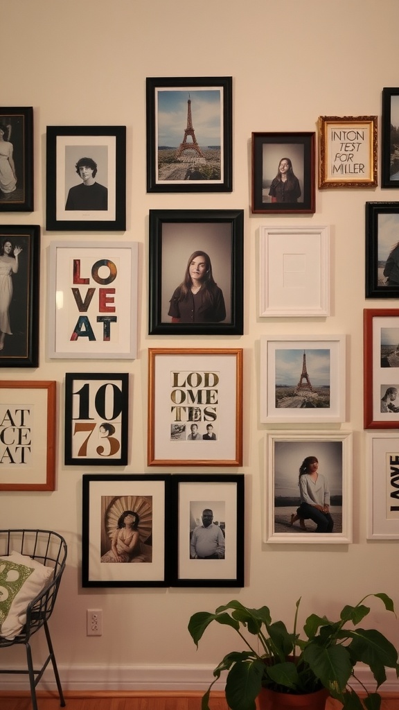 A gallery wall featuring a variety of framed artwork and photographs.