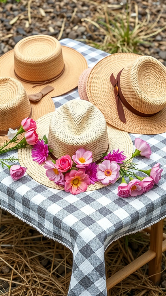 A gingham tablecloth with several straw hats and flowers arranged on top.