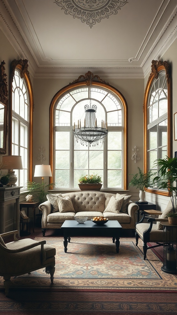 A beautifully decorated English living room featuring grand mirrors and an elegant chandelier.