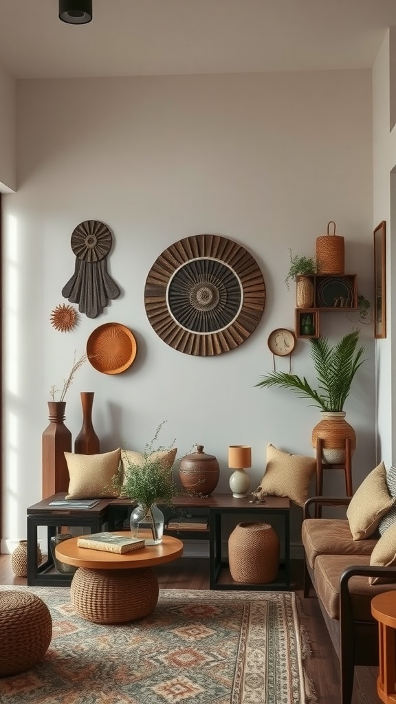 Cozy living room featuring handcrafted décor items, woven wall art, and earthy tones.