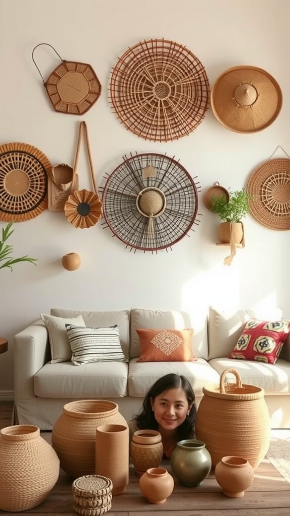 A cozy living room featuring various handcrafted decorative items including woven baskets and pottery.