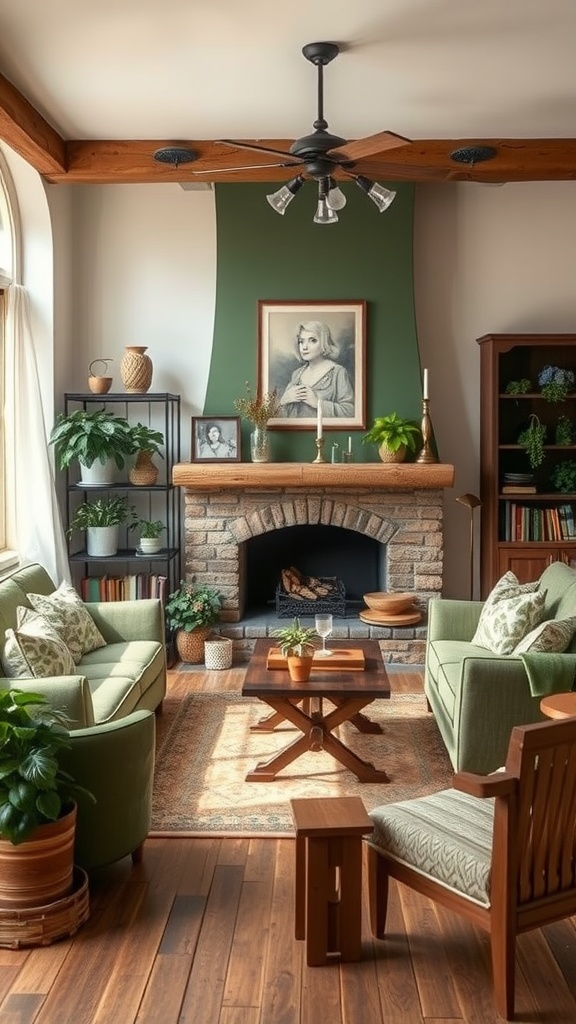 Cozy living room with green and brown color palette, featuring plants and wooden furniture.