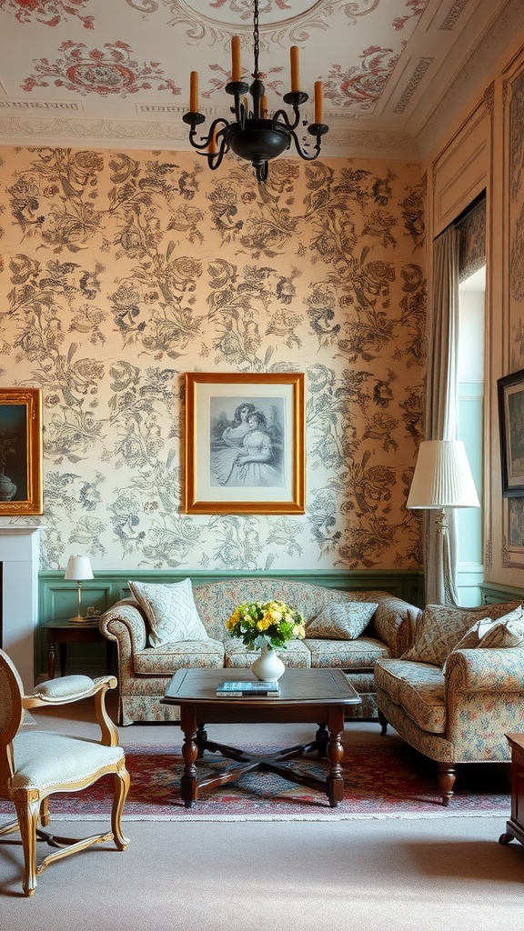 A cozy living room featuring heritage-inspired wallpaper with floral patterns, classic furniture, and elegant decor.