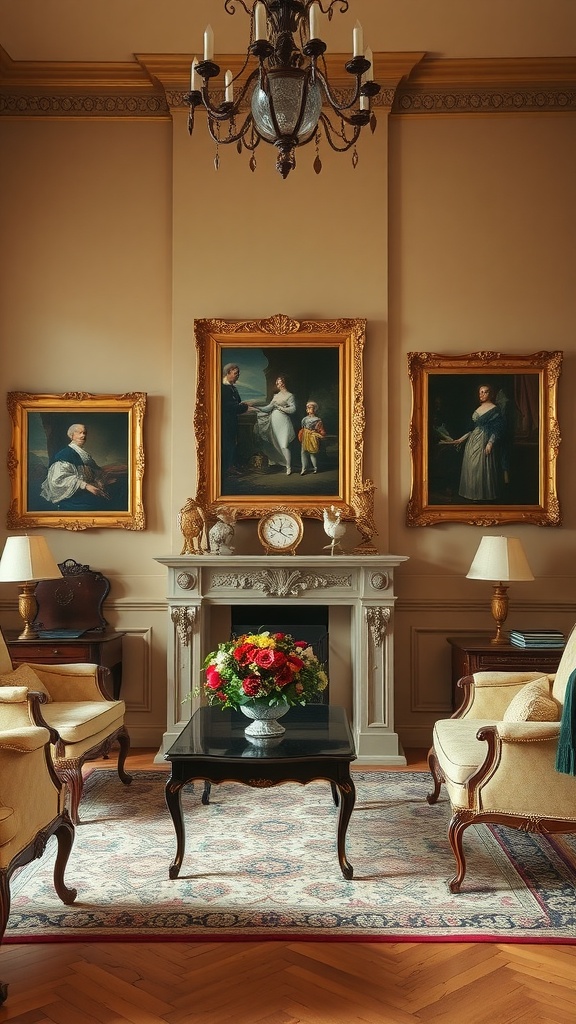 A cozy living room adorned with historical artwork and elegant furniture, featuring portraits in ornate frames.