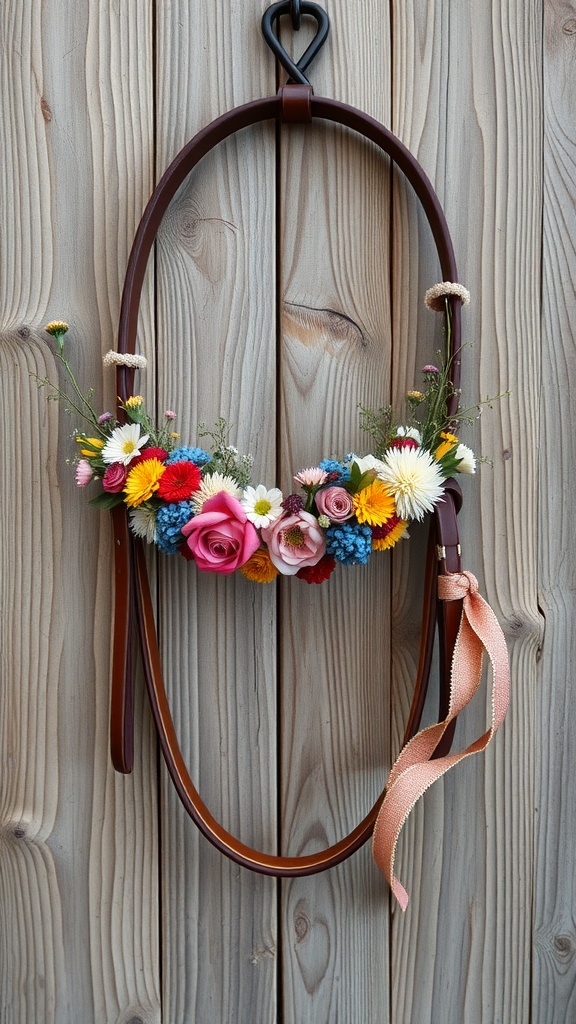 Brown horse bridle decorated with colorful dried flowers hanging on a wooden wall.