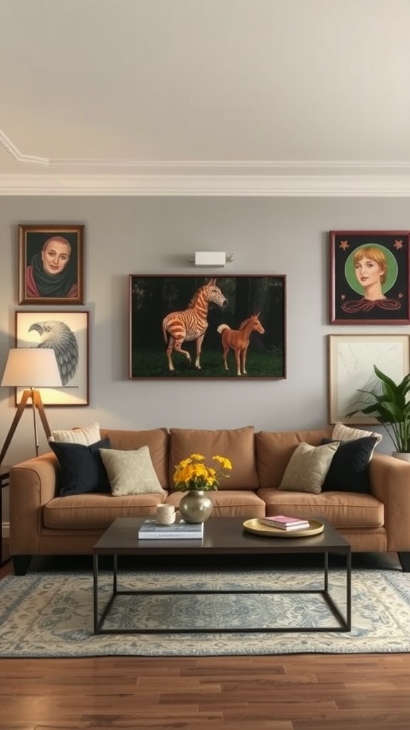 A cozy living room with a gallery wall featuring various artworks, a comfortable sofa, and a coffee table.