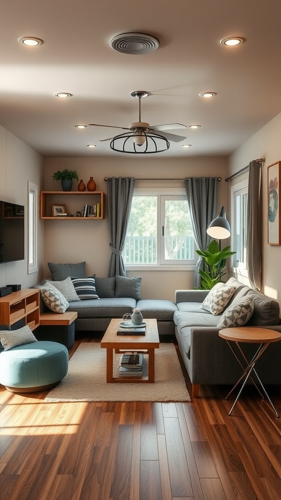 A cozy mobile home living room with a sectional sofa, coffee table, and pouf, showcasing multi-functional furniture.