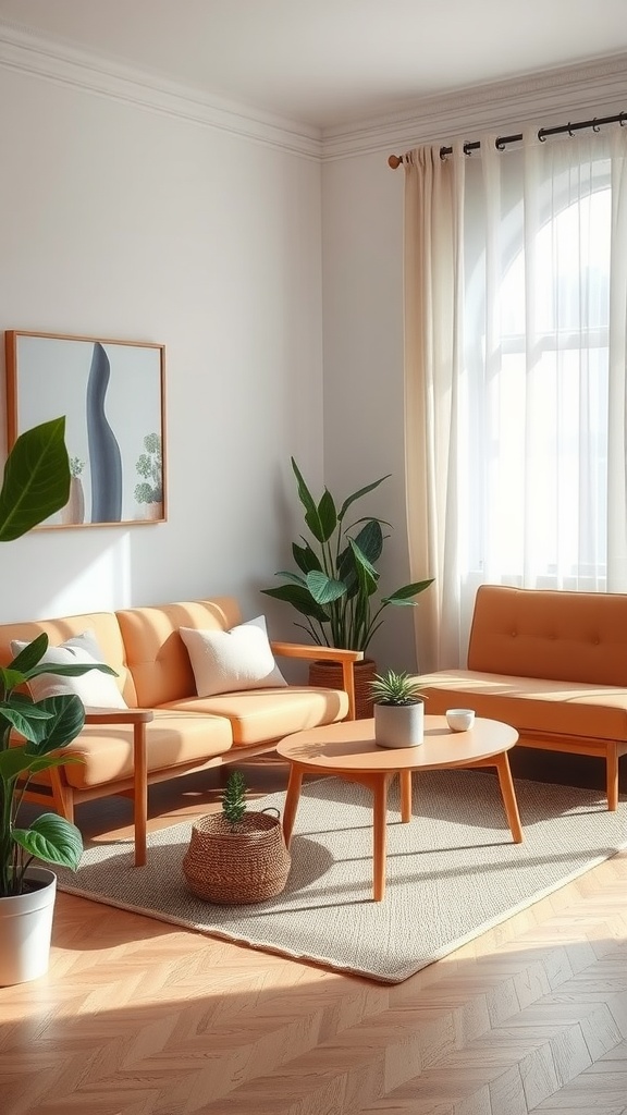 A serene living room with orange furniture, plants, and natural lighting.