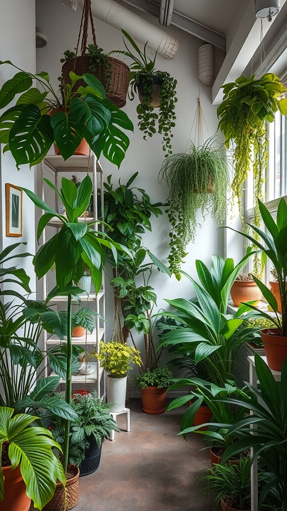 A cozy indoor area filled with various potted plants and hanging greenery.