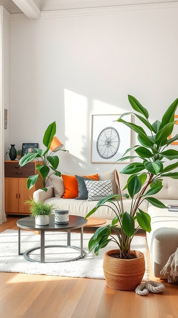 A bright living room featuring a cozy sofa, elegant décor, and various indoor plants enhancing the space.