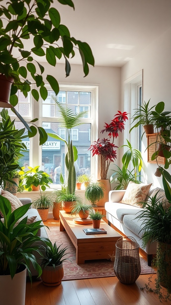 A cozy living room filled with various indoor plants, showcasing a blend of greenery and natural light.