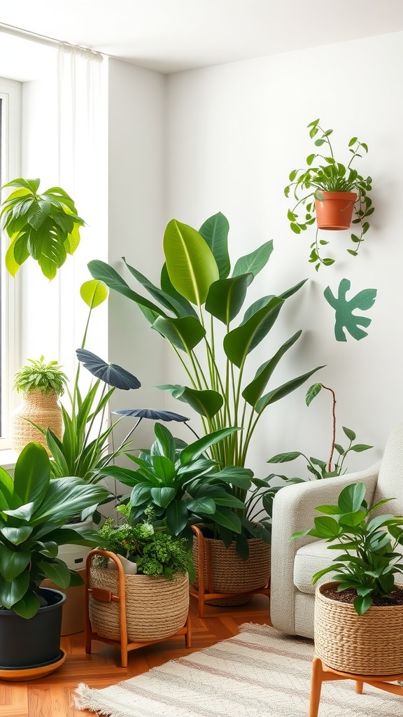 A cozy living room filled with various indoor plants in stylish pots, showcasing a vibrant and fresh atmosphere.