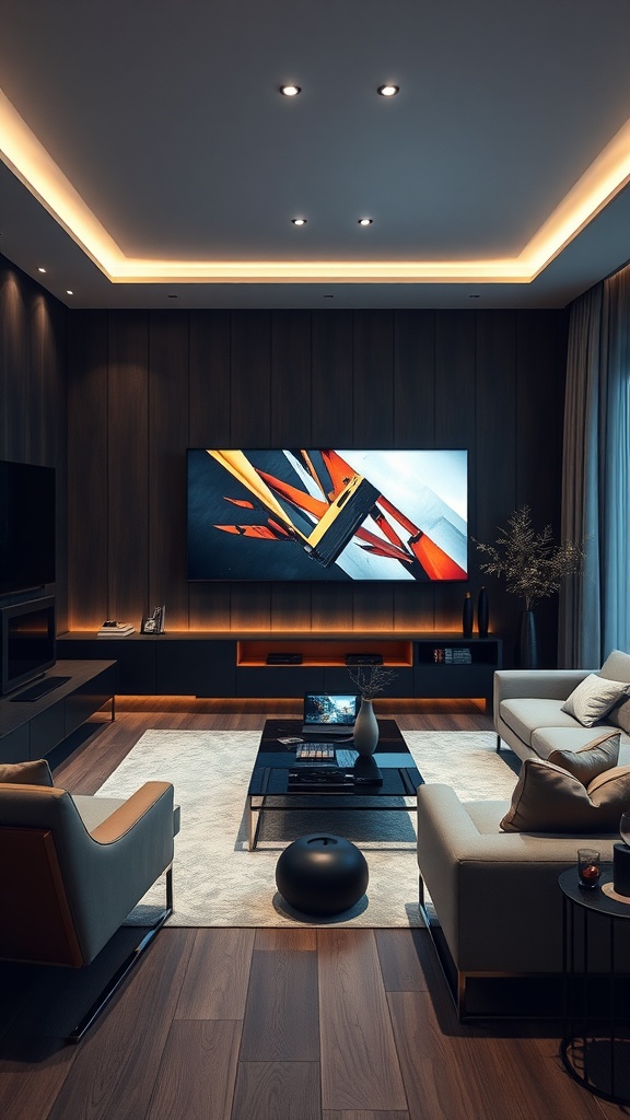 A modern living room with integrated technology, featuring a large TV, stylish furniture, and ambient lighting.