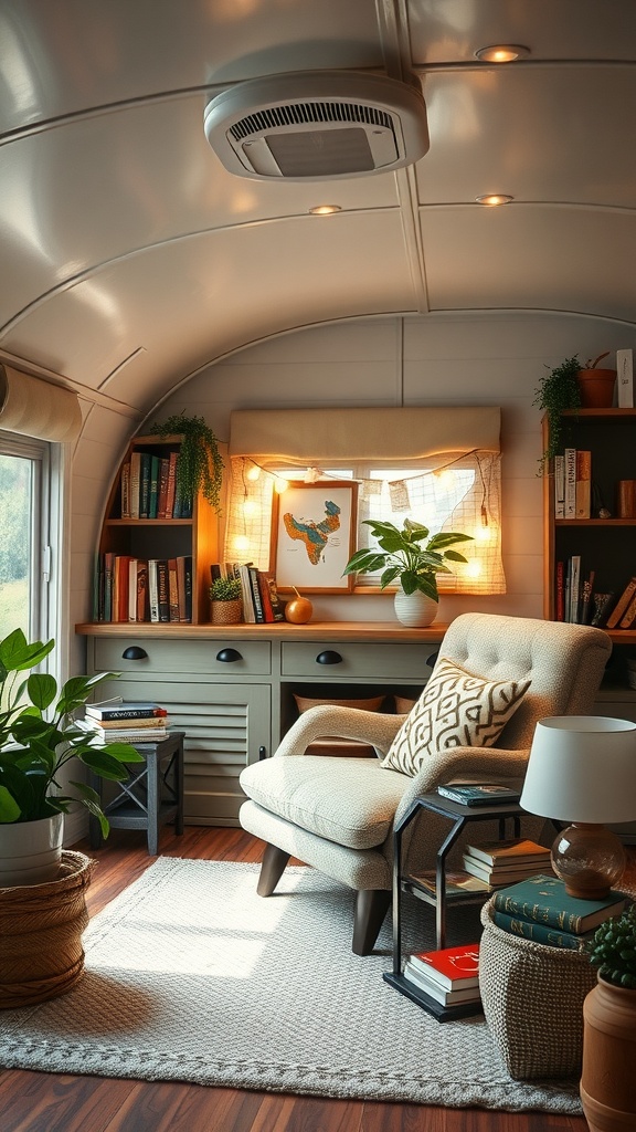 Cozy reading nook in a trailer house living room with a chair, bookshelves, and plants