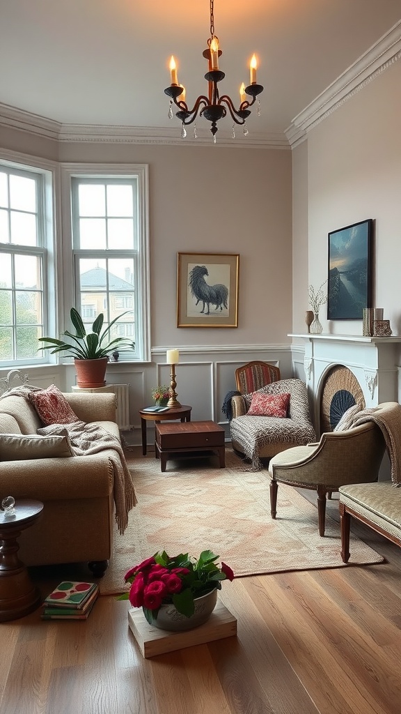 A cozy old English living room featuring oversized sofas, a lamp, and a decorative rug.