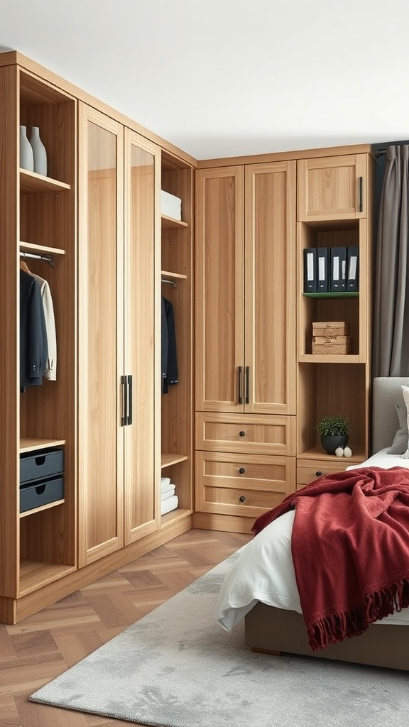 L-shaped wooden wardrobe in a bedroom corner with shelves and drawers