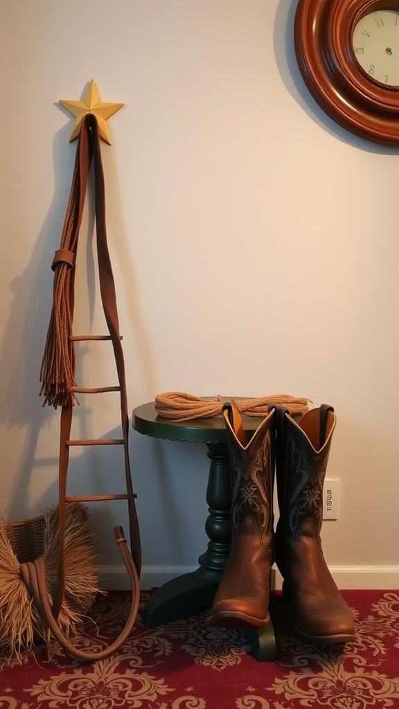 A display of cowboy boots, a lasso, and rustic decorations including a star and a wooden ladder.