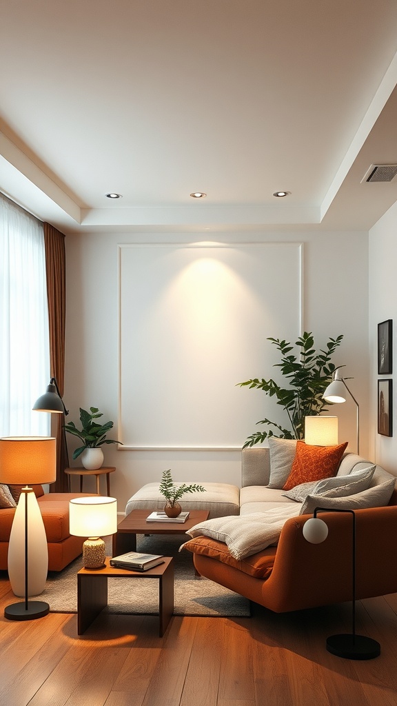 A cozy living room with layered lighting, featuring recessed lights, floor lamps, and table lamps, along with plants for a warm atmosphere.