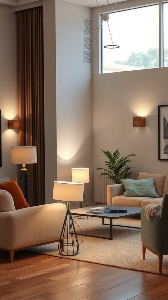 A well-designed living room showcasing layered lighting with lamps, wall sconces, and natural light from a window.