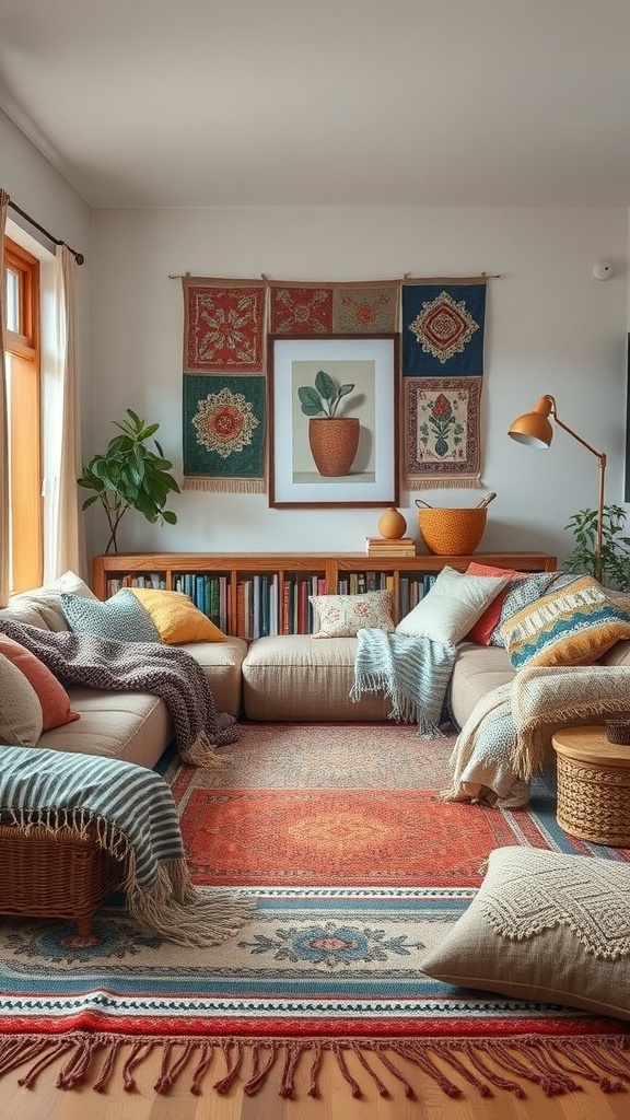 A cozy living room featuring layered textiles, including throws, cushions, and patterned rugs.