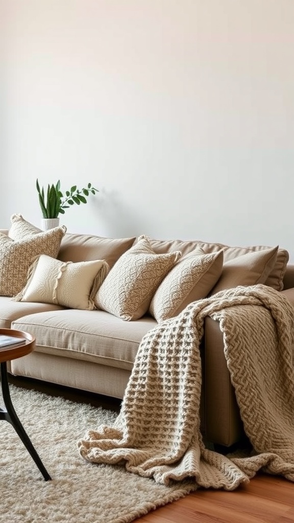 A cozy living room with a beige sofa adorned with decorative pillows and a knitted blanket, accompanied by a soft rug and a potted plant.