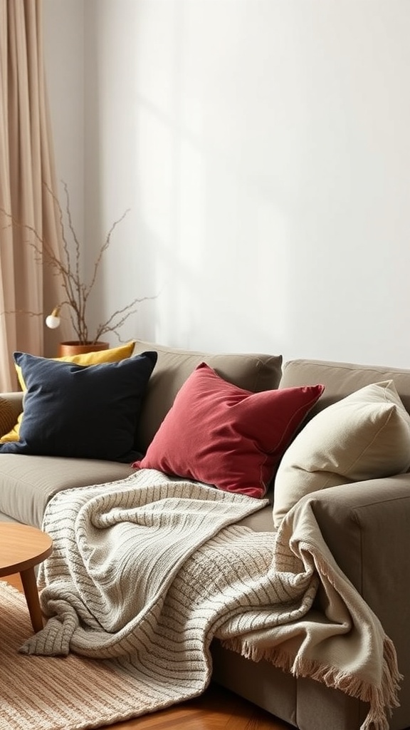 A cozy living room sofa with layered cushions and a throw blanket, creating a warm and inviting atmosphere.