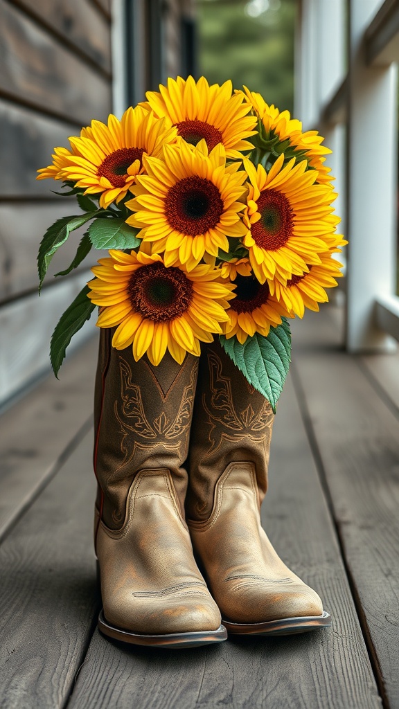 Leather cowboy boots filled with bright sunflowers on a wooden surface