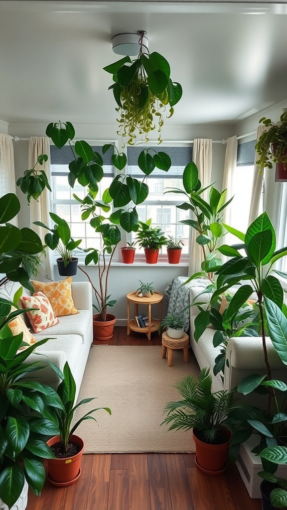 A cozy living room filled with various indoor plants in pots, creating a lush green indoor garden atmosphere.