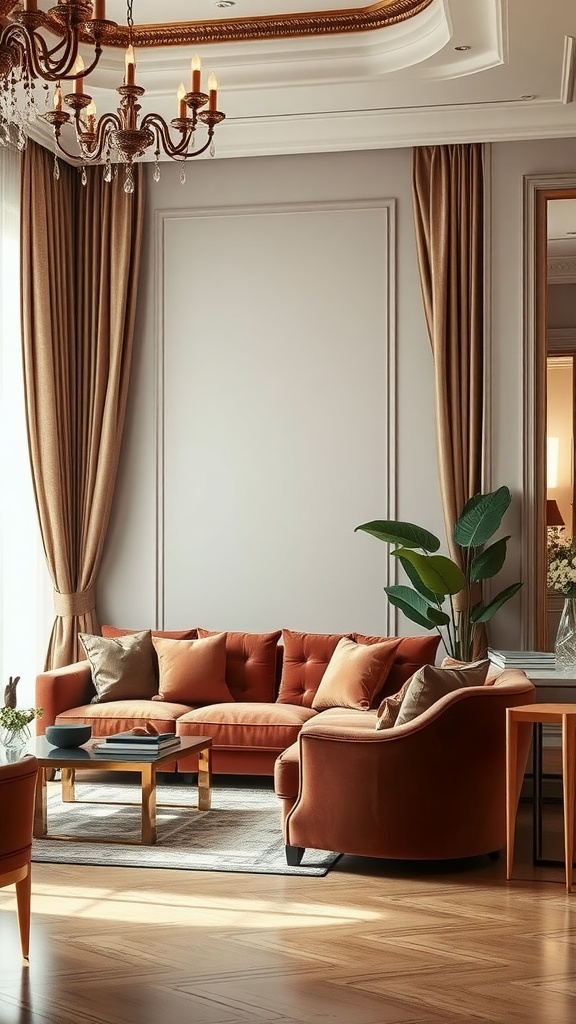 A luxurious mobile home living room with a rich orange couch, elegant curtains, and a stylish coffee table.