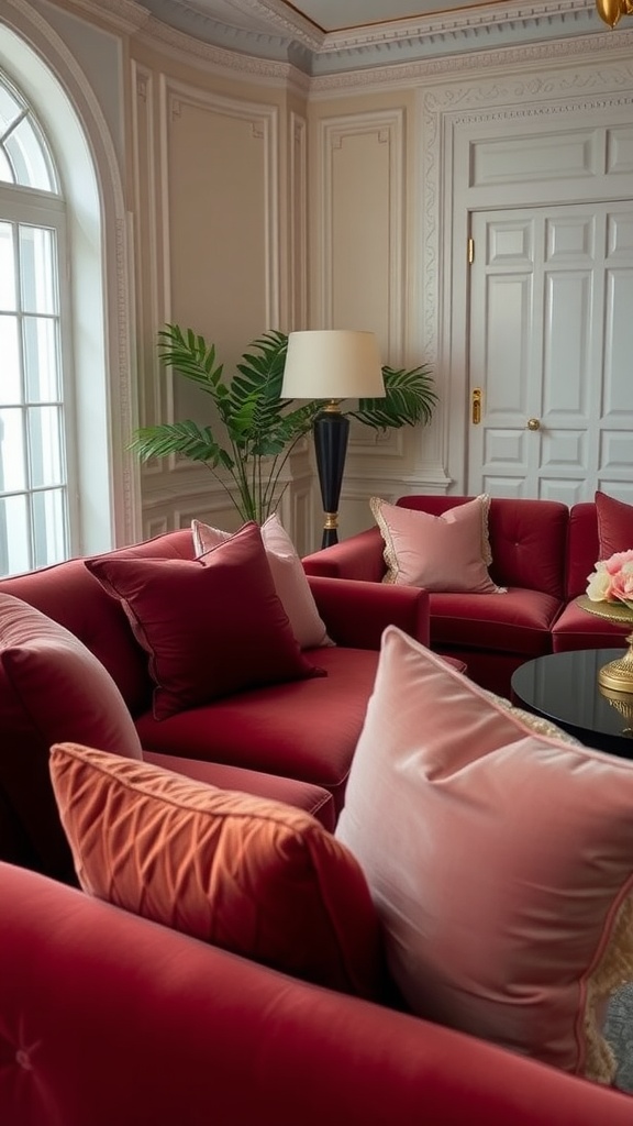 A luxurious living room featuring red sofas with textured pillows, a black lamp, and greenery in a bright and elegant setting.